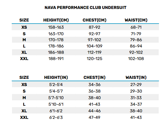 2025 NAVA MENS UNDERSUIT 0 Tabla de Tallas